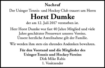 Traueranzeige von Horst Dumke von  Usinger Anzeiger