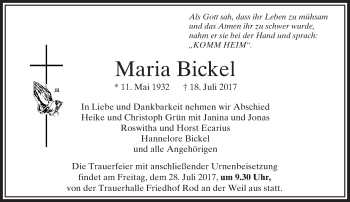 Traueranzeige von Maria Bickel von  Usinger Anzeiger