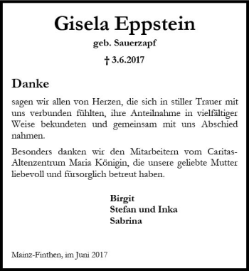 Traueranzeige von Gisela Eppstein von Trauerportal Rhein Main Presse