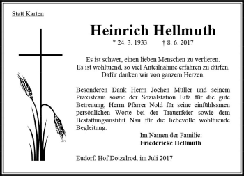 Traueranzeige von Heinrich Hellmuth von VRM Trauer