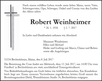 Traueranzeige von Robert Weinheimer von Trauerportal Rhein Main Presse