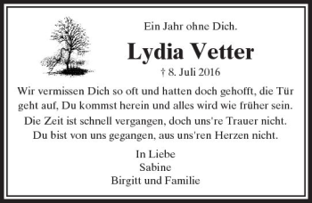 Traueranzeige von Lydia Vetter von  Usinger Anzeiger