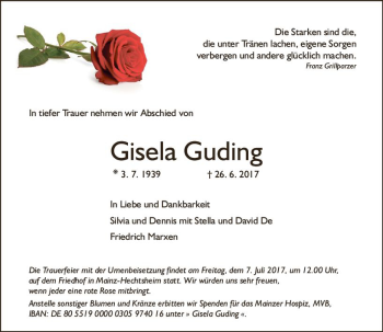 Traueranzeige von Gisela Guding von Trauerportal Rhein Main Presse