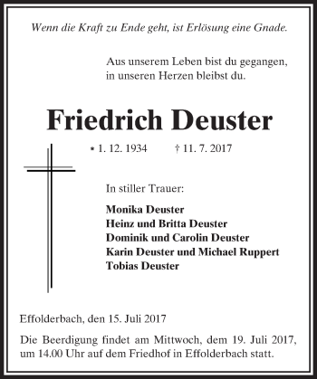 Traueranzeige von Friedrich Deuster von  Kreisanzeiger