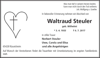 Traueranzeige von Waltraud Steuler von Trauerportal Rhein Main Presse