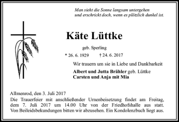 Traueranzeige von Käte Lüttke von VRM Trauer