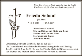 Traueranzeige von Frieda Schaaf von VRM Trauer