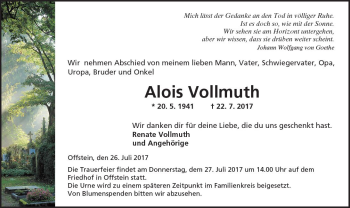 Traueranzeige von Alois Vollmuth von Trauerportal Rhein Main Presse