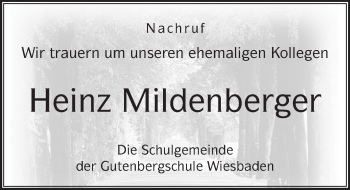 Traueranzeige von Heinz Mildenberger von Trauerportal Rhein Main Presse