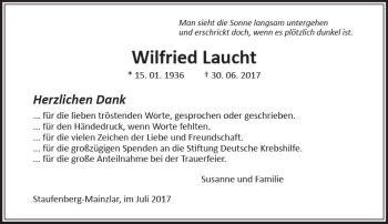 Traueranzeige von Wilfried Laucht von  Gießener Anzeiger