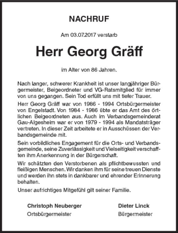 Traueranzeige von Georg Gräff von Trauerportal Rhein Main Presse