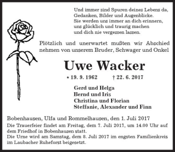Traueranzeige von Uwe Wacker von  Kreisanzeiger