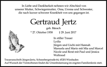 Traueranzeige von Gertraud Jertz von  Wiesbaden komplett