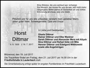 Traueranzeige von Horst Dittmar von VRM Trauer