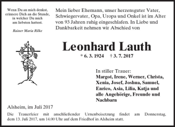 Traueranzeige von Leonhard Lauth von Trauerportal Rhein Main Presse