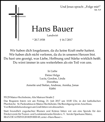 Traueranzeige von Hans Bauer von Trauerportal Rhein Main Presse