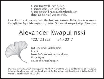 Traueranzeige von Alexander Kwapulinski von Trauerportal Rhein Main Presse