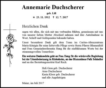 Traueranzeige von Annemarie Duchscherer von Trauerportal Rhein Main Presse