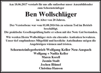 Traueranzeige von Ben Wollschläger von  Usinger Anzeiger Traueranzeige von Ben Wollschläger von  Usinger Anzeiger