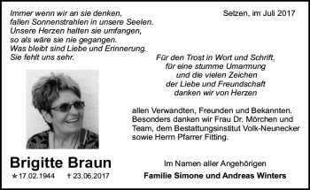 Traueranzeige von Brigitte Braun von Trauerportal Rhein Main Presse