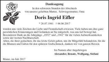 Traueranzeige von Doris Ingrid Eifler von Trauerportal Rhein Main Presse