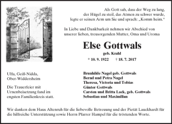 Traueranzeige von Else Gottwals von  Kreisanzeiger