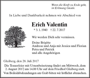 Traueranzeige von Erich Valentin von  Gießener Anzeiger