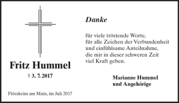 Traueranzeige von Fritz Hummel von Trauerportal Rhein Main Presse