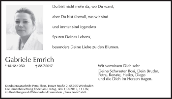Traueranzeige von Gabriele Emrich von Trauerportal Rhein Main Presse