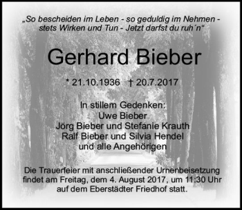 Traueranzeige von Gerhard Bieber von Trauerportal Echo Online