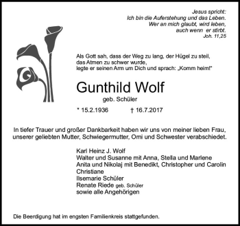 Traueranzeige von Gunthild Wolf von Trauerportal Rhein Main Presse