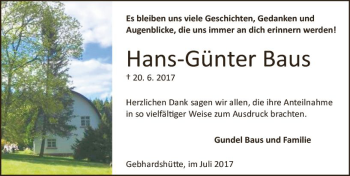 Traueranzeige von Hans-Günter Baus von Trauerportal Echo Online