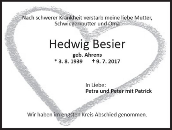 Traueranzeige von Hedwig Besier von Trauerportal Rhein Main Presse