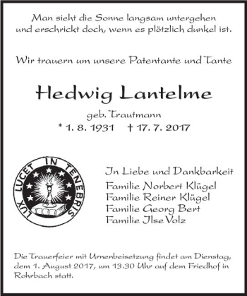 Traueranzeige von Hedwig Lantelme von Trauerportal Echo Online