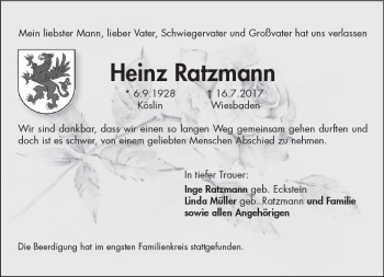 Traueranzeige von Heinz Ratzmann von Trauerportal Rhein Main Presse