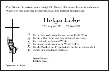 Traueranzeige von Helga Lohr von Trauerportal Rhein Main Presse