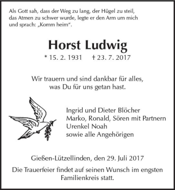 Traueranzeige von Horst Ludwig von  Gießener Anzeiger