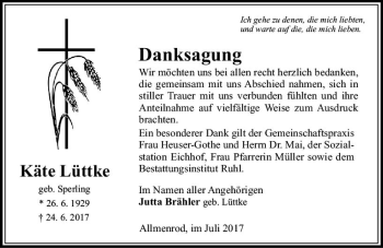 Traueranzeige von Käte Lüttke von VRM Trauer
