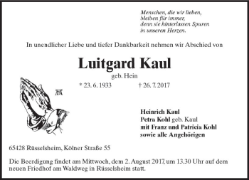 Traueranzeige von Luitgard Kaul von Trauerportal Rhein Main Presse