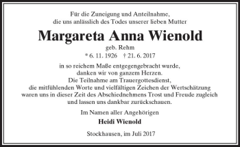 Traueranzeige von Margareta Anna Wienold von VRM Trauer