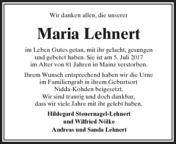 Traueranzeige von Maria Lehnert von  Kreisanzeiger