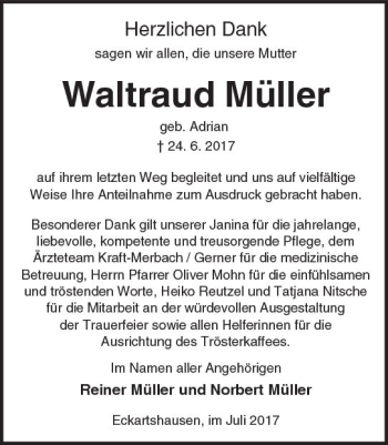 Traueranzeige von Waltraud Müller von  Kreisanzeiger