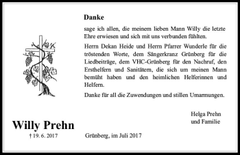 Traueranzeige von Willy Prehn von  Gießener Anzeiger