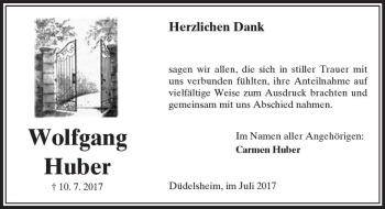 Traueranzeige von Wolfgang Huber von  Kreisanzeiger