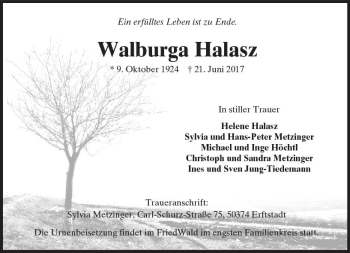 Traueranzeige von Walburga Halasz von VRM Trauer