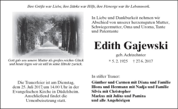 Traueranzeige von Edith Gajewski von  Kreisanzeiger