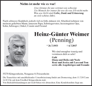 Traueranzeige von Heinz-Günter Weimer von Trauerportal Rhein Main Presse