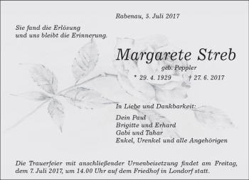 Traueranzeige von Margarete Streb von  Gießener Anzeiger