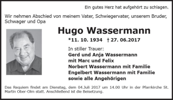 Traueranzeige von Hugo Wassermann von Trauerportal Rhein Main Presse