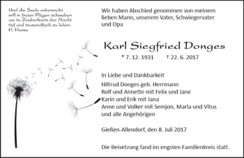 Traueranzeige von Karl Siegfried Donges von  Gießener Anzeiger